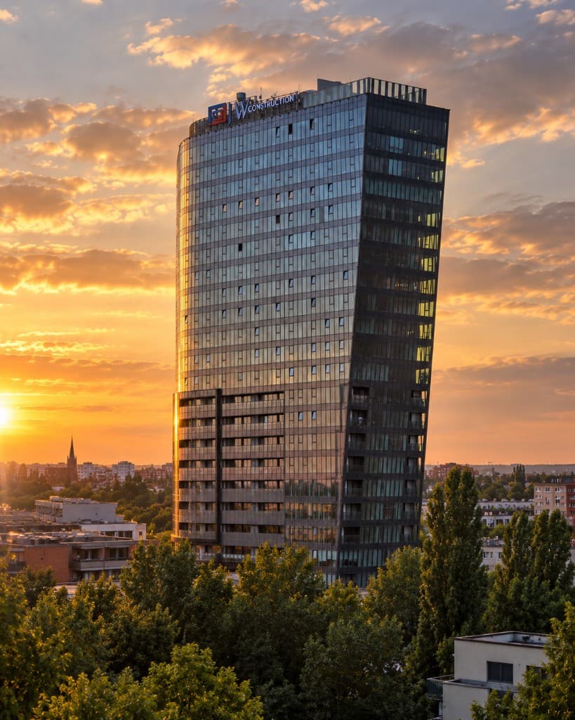Hanza Tower w Szczecinie o zachodzie słońca