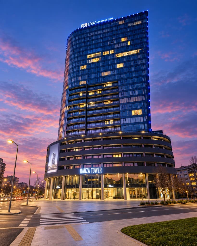 Wejście do Hanza Tower przy Alei Wyzwolenia 46 w Szczecinie o zmierzchu